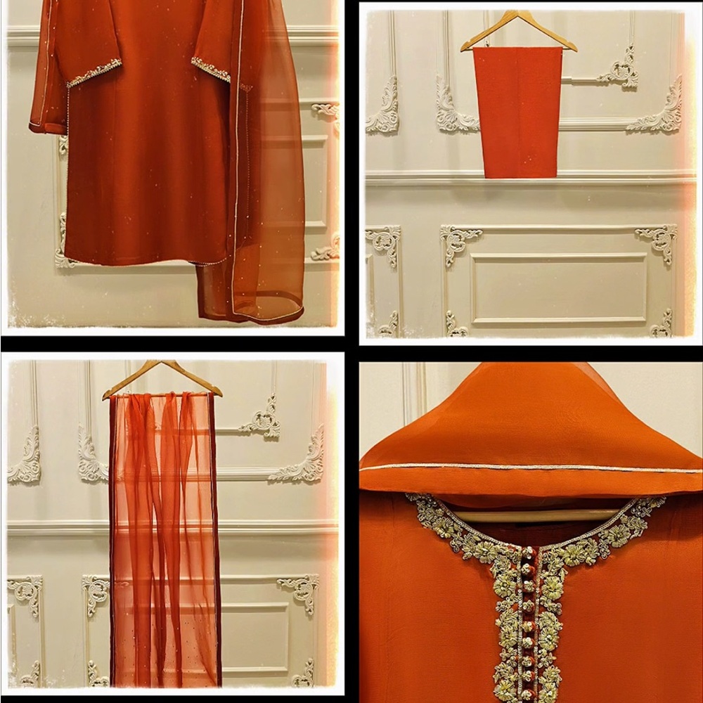 Elegant Orange Embroidered Dress with Dupatta